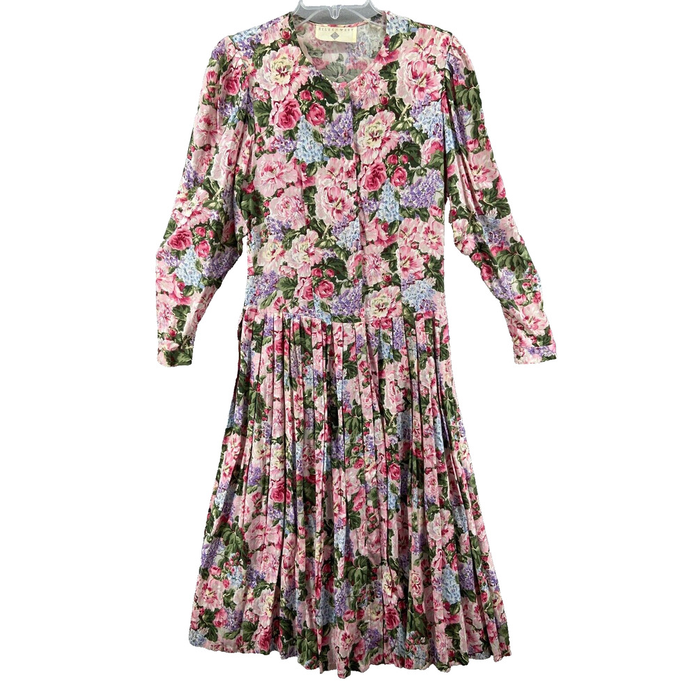 VTG Eileen West Dress Women's 8 Pink Floral Drop Waist Long Sleeve Long Sleeve